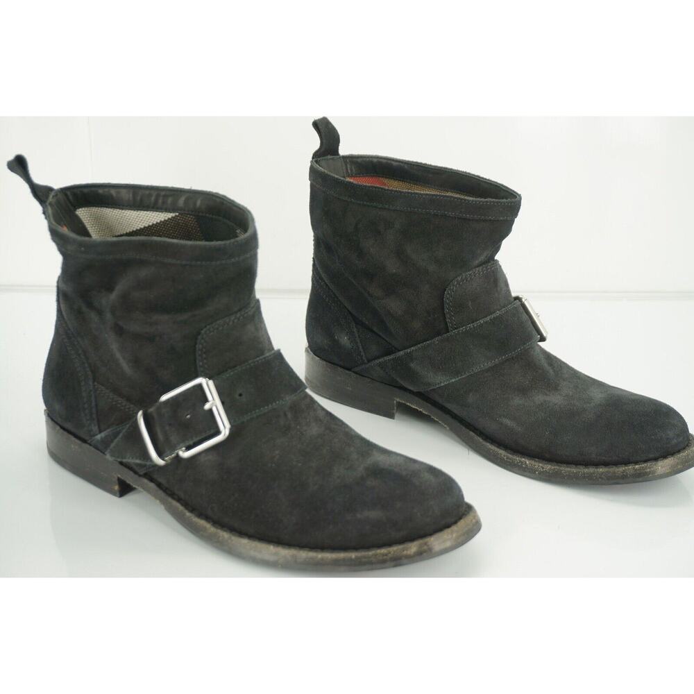 Burberry Black Suede Motor Biker Short Ankle Boots Size 35 House Check - Picture 8 of 11